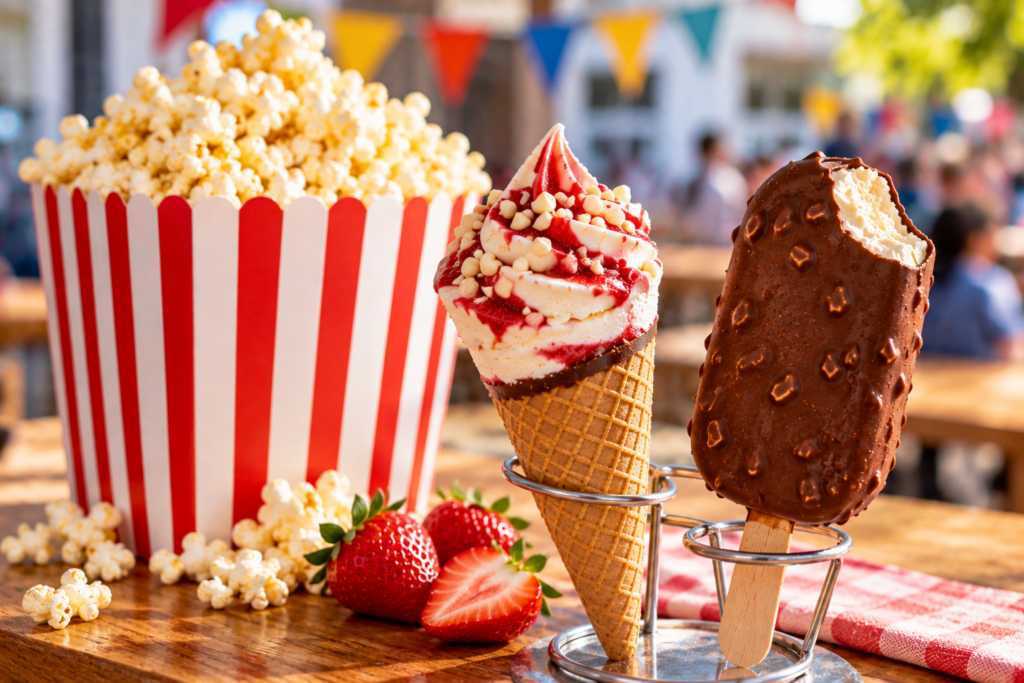 KI-generiertes Symbolbild mit Popcorn und Eis beim Schulfest