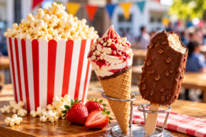 KI-generiertes Symbolbild mit Popcorn und Eis beim Schulfest